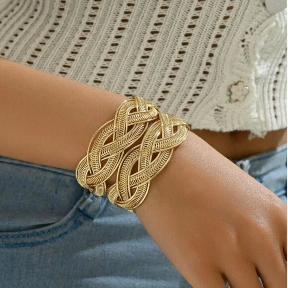 Gold Coil Braided Open Cuff Bracelet